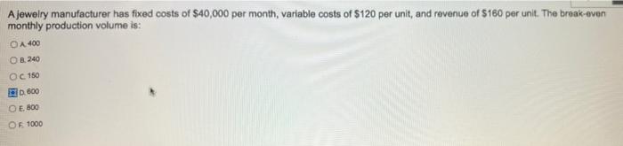 A Jewelry Manufacturer Has Fixed Costs Of 40 000 Per Month Variable Costs Of 120 Per Unit And Revenue Of 160 Per Un 1