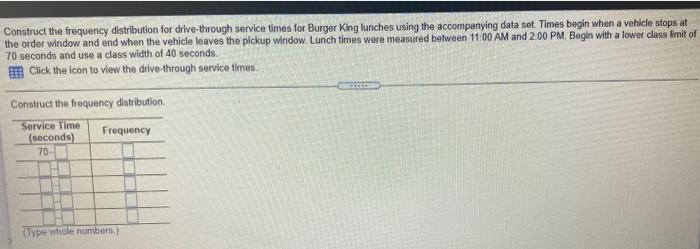 Construct The Frequency Distribution For Drive Through Service Times For Burger King Lunches Using The Accompanying Data 1