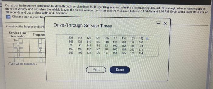 Construct The Frequency Distribution For Drive Through Service Times For Burger King Lunches Using The Accompanying Data 2