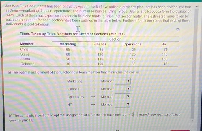 Jamison Day Consultants Has Been Entrusted With The Task Of Evaluating A Business Plan That Has Been Divided Into Four S 1