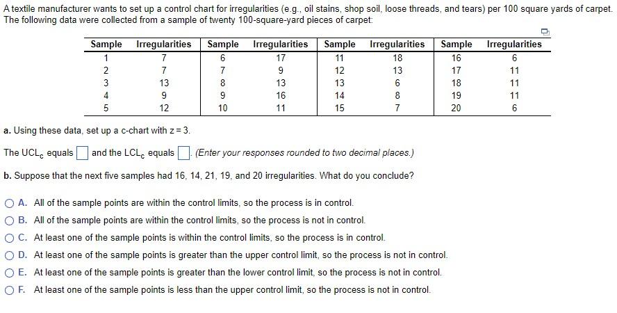 A Textile Manufacturer Wants To Set Up A Control Chart For Irregularities E G Oil Stains Shop Soil Loose Threads A 1