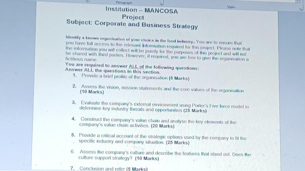 Styles Paragraph Institution Mancosa Project Subject Corporate And Business Strategy Identily A Known Organisation Of 1