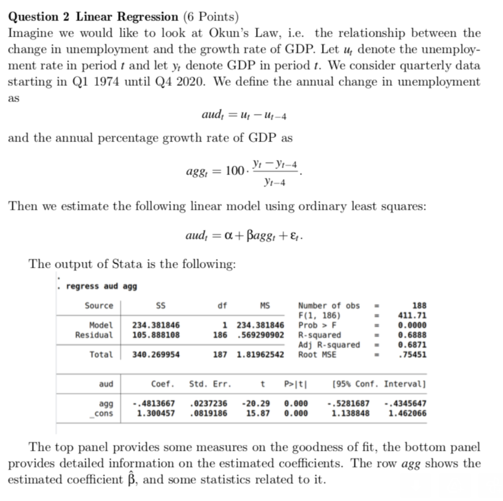 Question 2 Linear Regression 6 Points Imagine We Would Like To Look At Okun S Law I E The Relationship Between The C 1