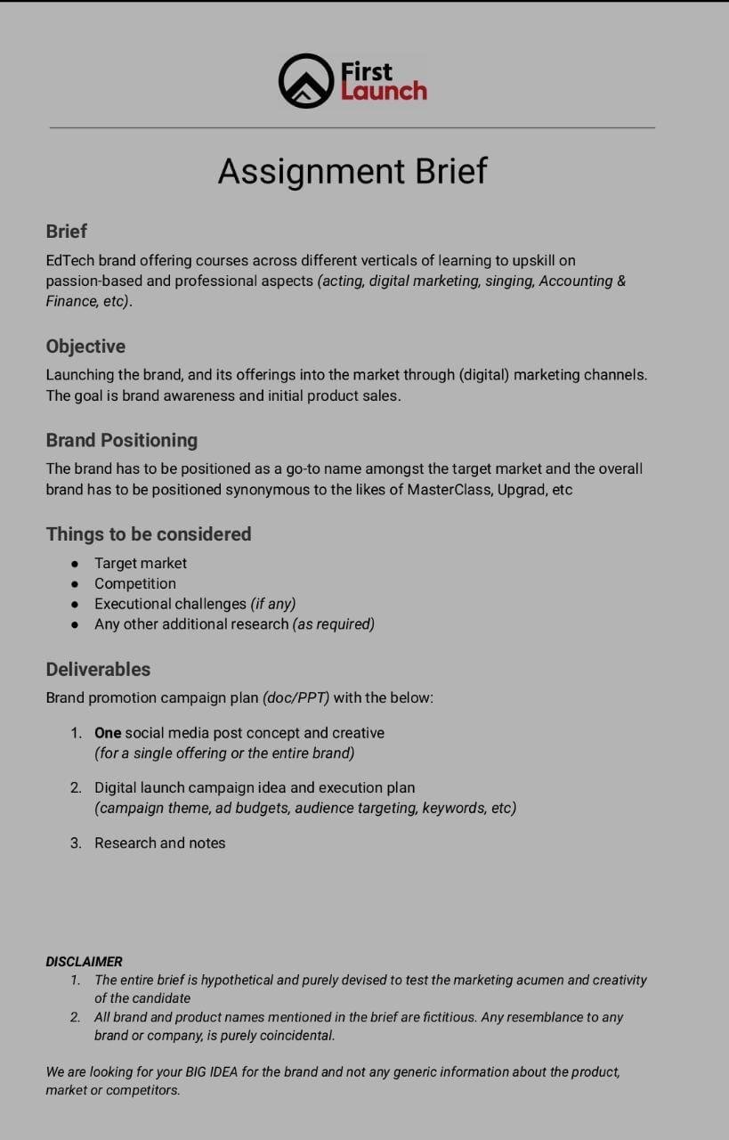 First Launch Assignment Brief Brief Edtech Brand Offering Courses Across Different Verticals Of Learning To Upskill On P 1