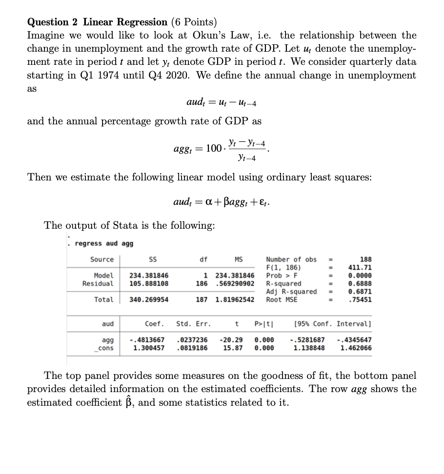 Question 2 Linear Regression 6 Points Imagine We Would Like To Look At Okun S Law I E The Relationship Between The C 1