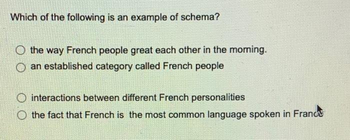 Which Of The Following Is An Example Of Schema O The Way French People Great Each Other In The Morning O An Establishe 1