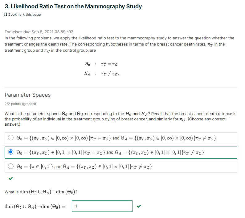 3 Likelihood Ratio Test On The Mammography Study A Bookmark This Page Exercises Due Sep 8 2021 08 59 03 In The Follow 1