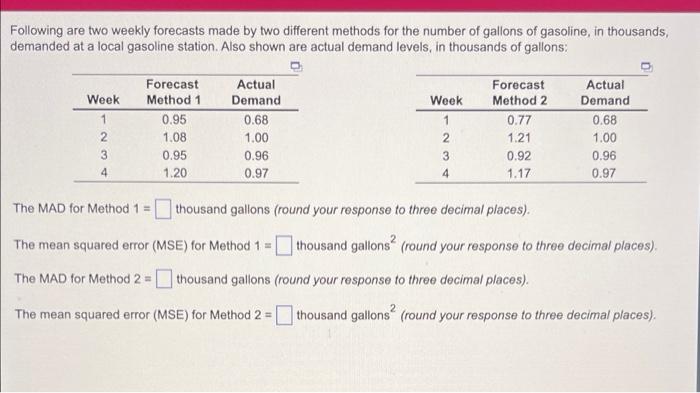 Following Are Two Weekly Forecasts Made By Two Different Methods For The Number Of Gallons Of Gasoline In Thousands De 1