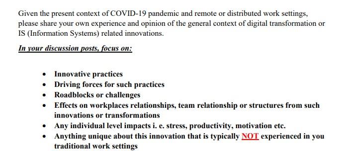 Given The Present Context Of Covid 19 Pandemic And Remote Or Distributed Work Settings Please Share Your Own Experience 1