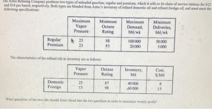 The Aztec Retining Company Produces Two Types Of Unleaded Gasoline Regular And Premium Which It Sells To Its Chain Of 1
