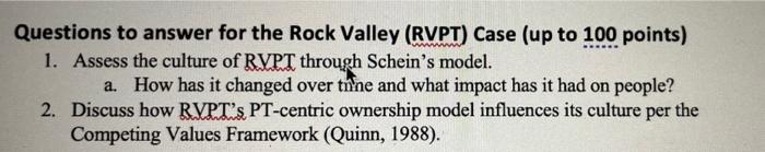 Questions To Answer For The Rock Valley Rvpt Case Up To 100 Points 1 Assess The Culture Of Rypi Through Schein S Mo 1