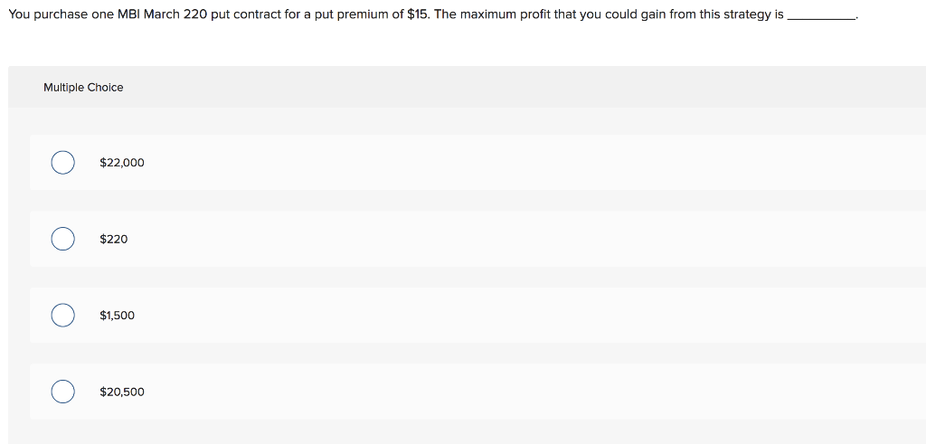 You Purchase One Mbi March 220 Put Contract For A Put Premium Of 15 The Maximum Profit That You Could Gain From This S 1