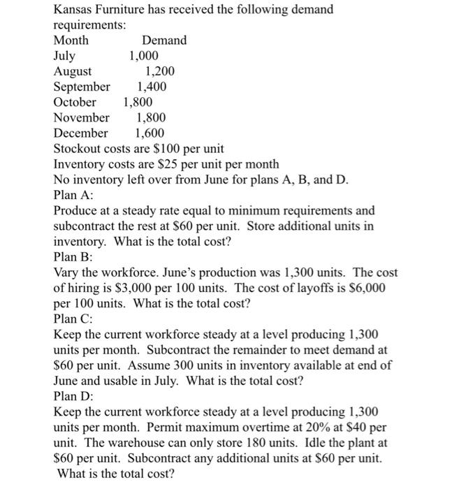 Kansas Furniture Has Received The Following Demand Requirements Month Demand July 1 000 August 1 200 September 1 400 Oc 1