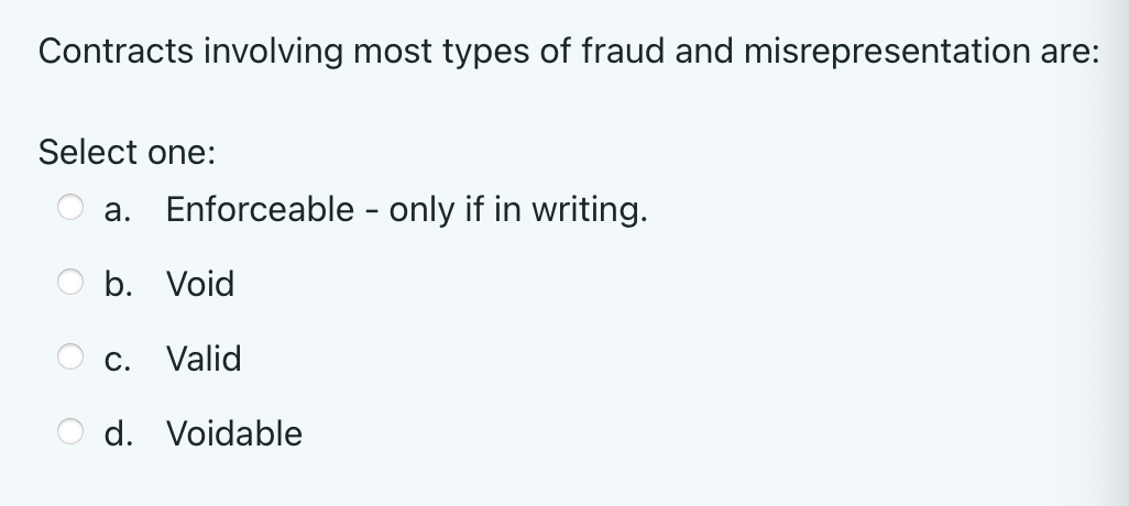 Contracts Involving Most Types Of Fraud And Misrepresentation Are Select One A Enforceable Only If In Writing B V 1
