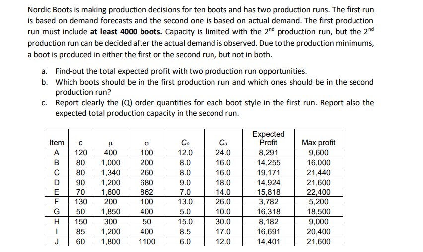 Nordic Boots Is Making Production Decisions For Ten Boots And Has Two Production Runs The First Run Is Based On Demand 1