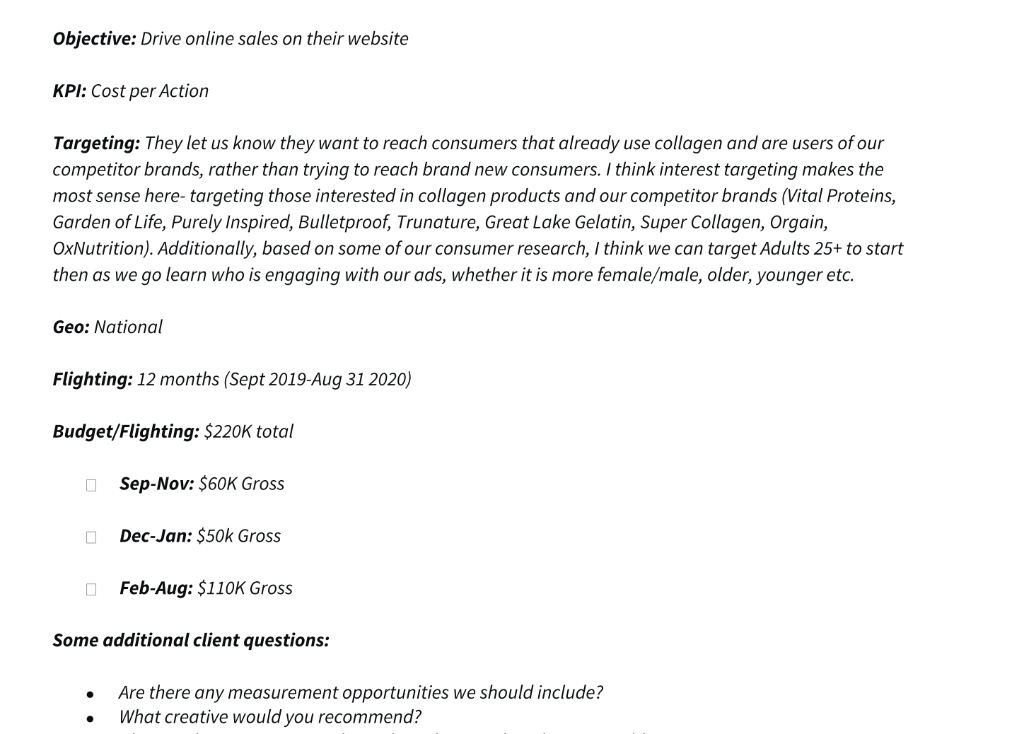 Objective Drive Online Sales On Their Website Kpi Cost Per Action Targeting They Let Us Know They Want To Reach Consu 1