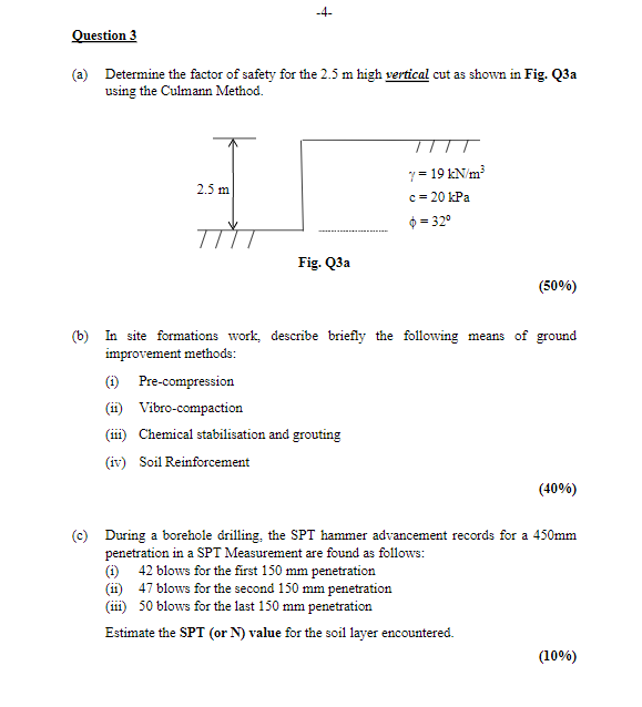 4 Question 3 A Determine The Factor Of Safety For The 2 5 M High Vertical Cut As Shown In Fig 23a Using The Culmann 1