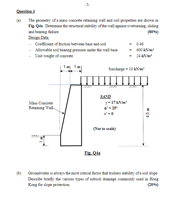 5 Question 4 The Geometry Of A Mass Concrete Retaining Wall And Soil Properties Are Shown In Fig Q4a Determine The S 1