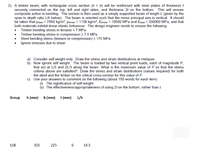 2 A Timber Beam With Rectangular Cross Section H X B Will Be Reinforced With Steel Plates Of Thickness T Securely Co 1