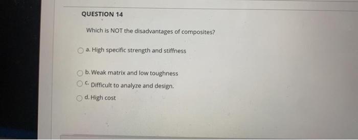 Question 14 Which Is Not The Disadvantages Of Composites A High Specific Strength And Stiffness C B Weak Matrix And 1