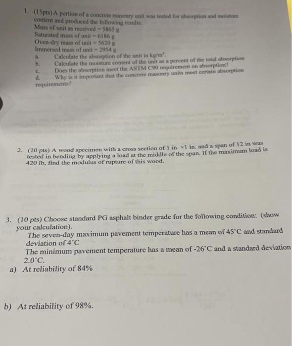 Question 17 1 A Portion Of A Concrete Masonry Unit Was Tested For Absorption And Moisture Content And Produced The Foll 2