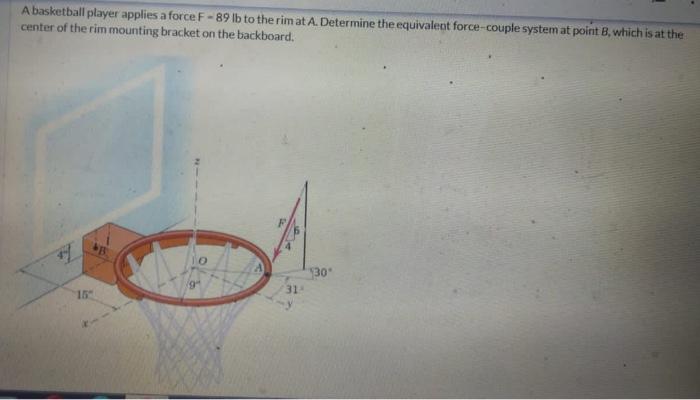A Basketball Player Applies A Force F 89 Lb To The Rim At A Determine The Equivalent Force Couple System At Point B Wh 1