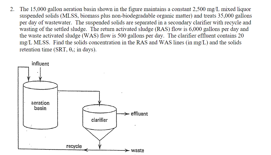 2 The 15 000 Gallon Aeration Basin Shown In The Figure Maintains A Constant 2 500 Mg L Mixed Liquor Suspended Solids M 1