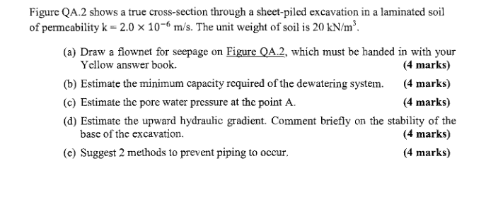 Figure Qa 2 Shows A True Cross Section Through A Sheet Piled Excavation In A Laminated Soil Of Permeability K 2 0 X 10 1