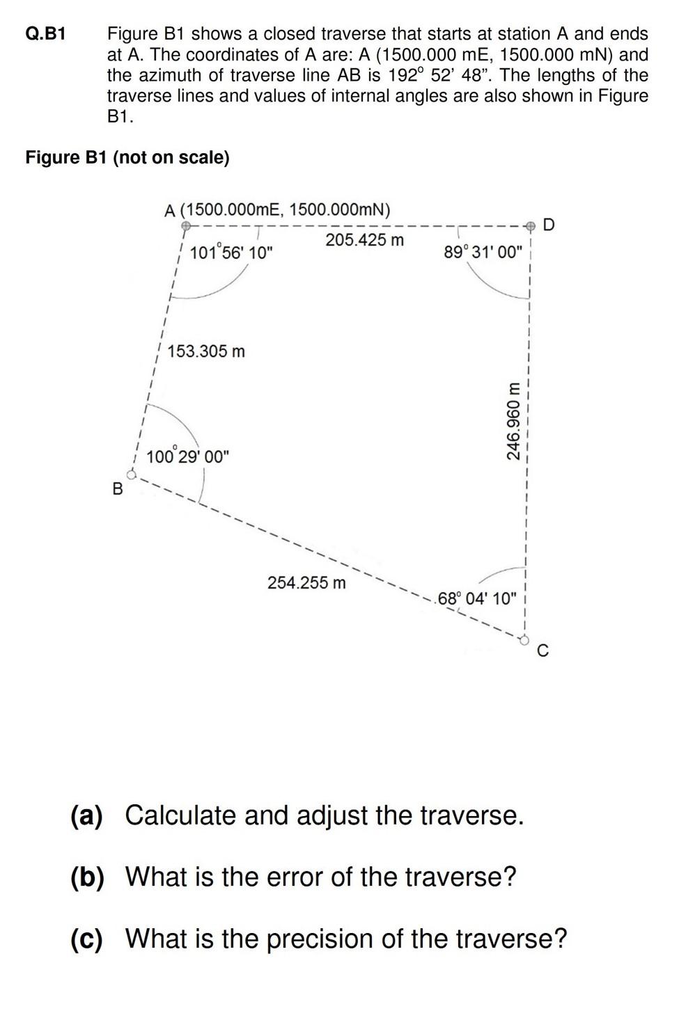 Q B1 Figure B1 Shows A Closed Traverse That Starts At Station A And Ends At A The Coordinates Of A Are A 1500 000 Me 1