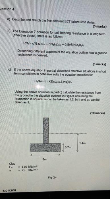 Uestion 4 A Describe And Sketch The Five Different Ec7 Failure Imit States 5 Marks B The Eurocode 7 Equation For So 1