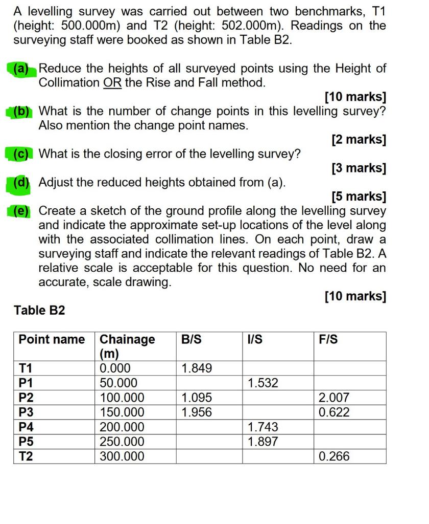 A Levelling Survey Was Carried Out Between Two Benchmarks T1 Height 500 000m And T2 Height 502 000m Readings On 1