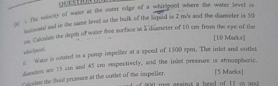 Quest Fali The Velocity Of Water At The Outer Cdge Of A Whirlpool Where The Water Level Is Horizontal And In The Same L 1
