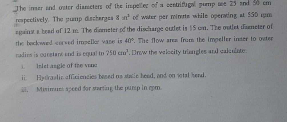 The Inner And Outer Diameters Of The Impeller Of A Centrifugal Pump Are 25 And 50 Cm Respectively The Pump Discharges 8 1