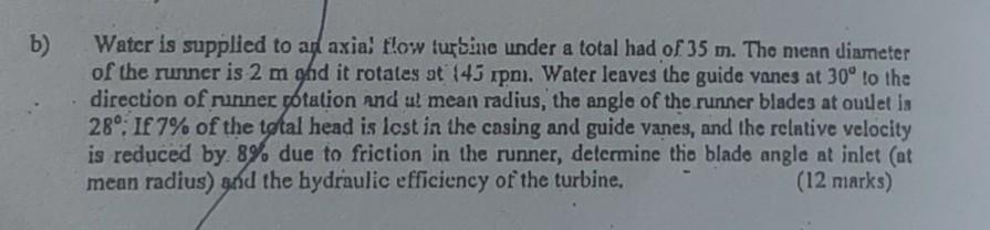 B Water Is Supplied To An Axial Flow Lurbine Under A Total Had Of 35 M The Mean Diameter Of The Runner Is 2 Mohd It Ro 1