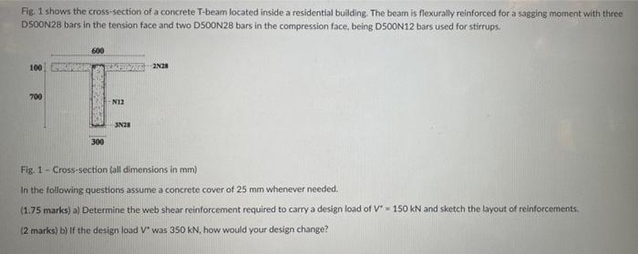 Fig 1 Shows The Cross Section Of A Concrete T Beam Located Inside A Residential Building The Beam Is Flexurally Reinfo 1