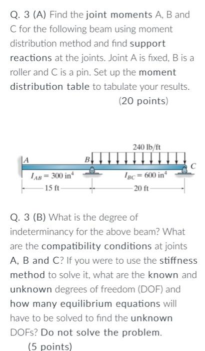 Q 3 A Find The Joint Moments A B And C For The Following Beam Using Moment Distribution Method And Find Support Reac 1