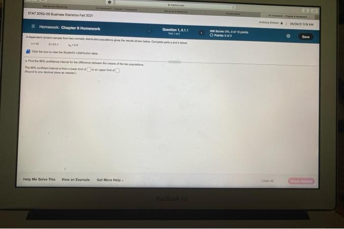 Stat 3010 05 Business Suits Fall 2021 Homework Chapter 8 Homework Question 1 8 1 1 W Son 15 M Op3 Ave Net Theo Help Me 1