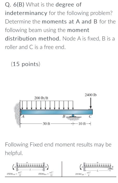 Q 6 B What Is The Degree Of Indeterminancy For The Following Problem Determine The Moments At A And B For The Followi 1