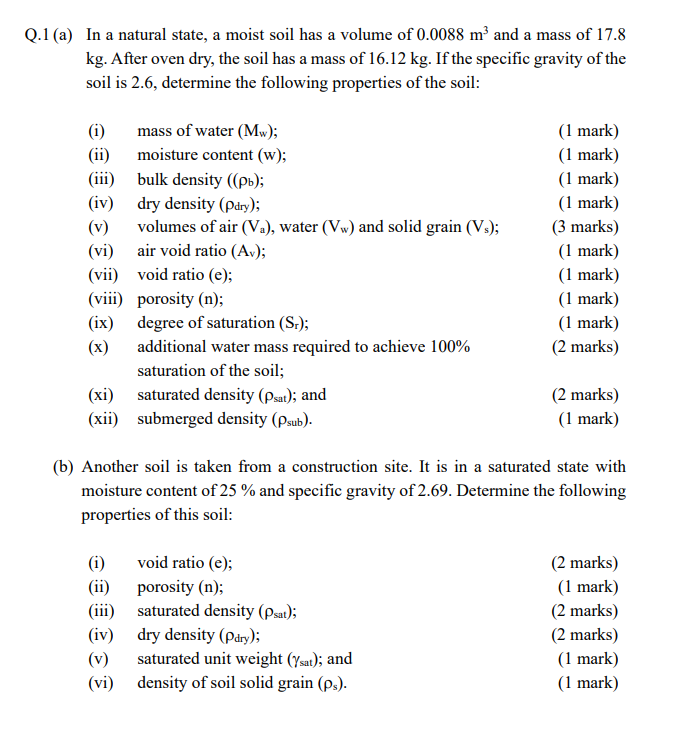 Q 1 A In A Natural State A Moist Soil Has A Volume Of 0 0088 M And A Mass Of 17 8 Kg After Oven Dry The Soil Has A 1