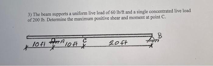 3 The Beam Supports A Uniform Live Load Of 60 Lb Ft And A Single Concentrated Live Load Of 200 Lb Determine The Maximu 1