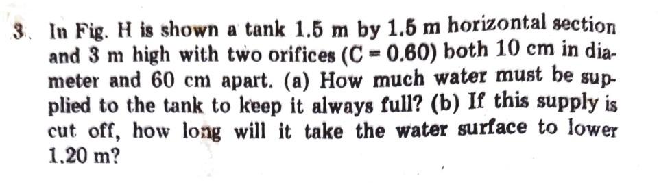 3 In Fig H Is Shown A Tank 1 5 M By 1 5 M Horizontal Section And 3 M High With Two Orifices C 0 60 Both 10 Cm In D 1