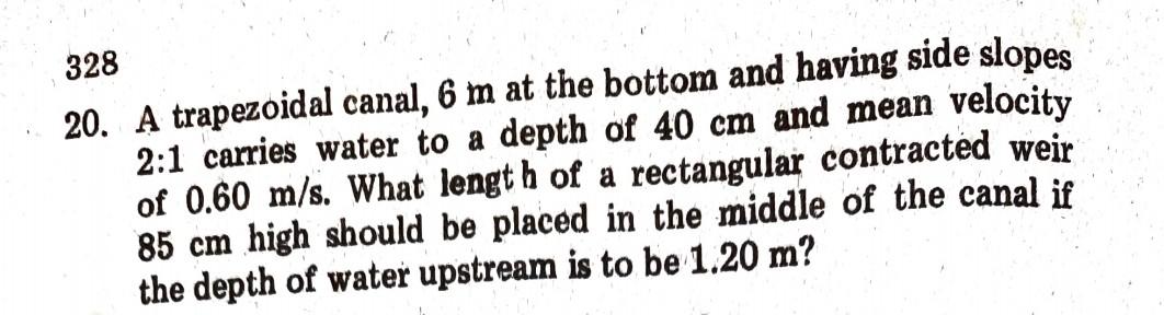Velocity 328 20 A Trapezoidal Canal 6 M At The Bottom And Having Side Slopes 2 1 Carries Water To A Depth Of 40 Cm And 1