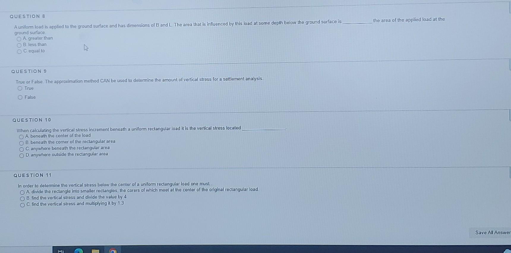 Question 8 The Area Of The Applied Load At The A Uniform Load Is Applied To The Ground Surface And Has Dimensions Of B A 1