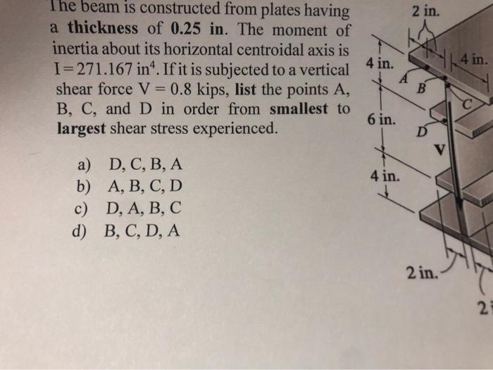 2 In The Beam Is Constructed From Plates Having A Thickness Of 0 25 In The Moment Of Inertia About Its Horizontal Cent 1
