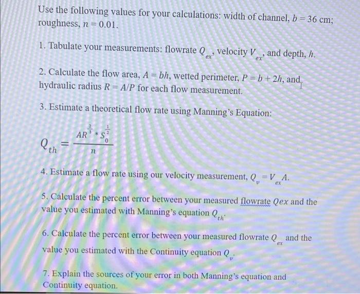 Data Sheet Slope 0 1 Channel Width 36 Cm Roughness 0 01 Measured Flowrate E Flow Depth Comments Ex Measured Velocity 2