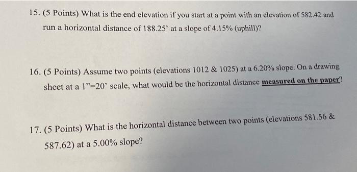 15 5 Points What Is The End Elevation If You Start At A Point With An Elevation Of 582 42 And Run A Horizontal Distan 1