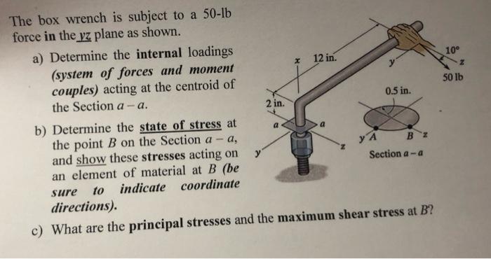 10 X 50 Lb 2 In The Box Wrench Is Subject To A 50 Lb Force In The Yz Plane As Shown A Determine The Internal Loading 2