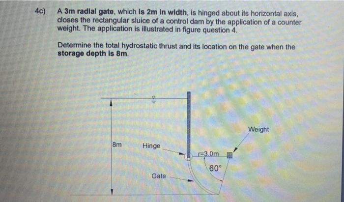 4c A 3m Radial Gate Which Is 2m In Width Is Hinged About Its Horizontal Axis Closes The Rectangular Sluice Of A Cont 1