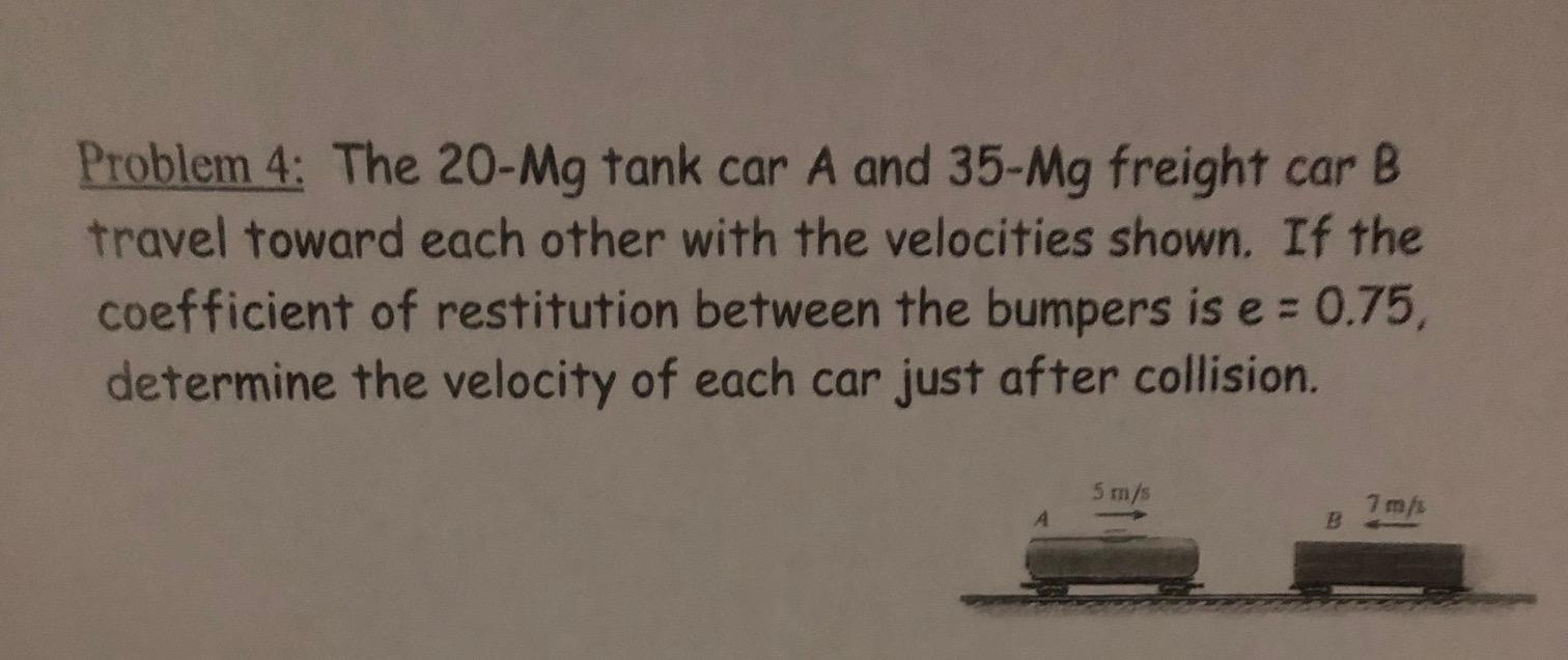 Problem 4 The 20 Mg Tank Car A And 35 Mg Freight Car B Travel Toward Each Other With The Velocities Shown If The Coeff 1