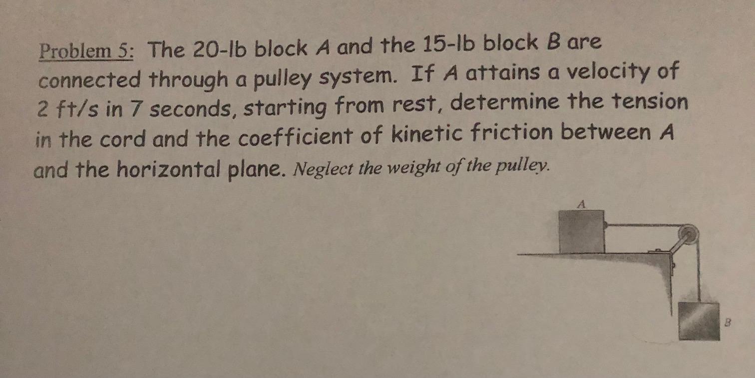 Problem 5 The 20 Lb Block A And The 15 Lb Block B Are Connected Through A Pulley System If A Attains A Velocity Of 2 F 1